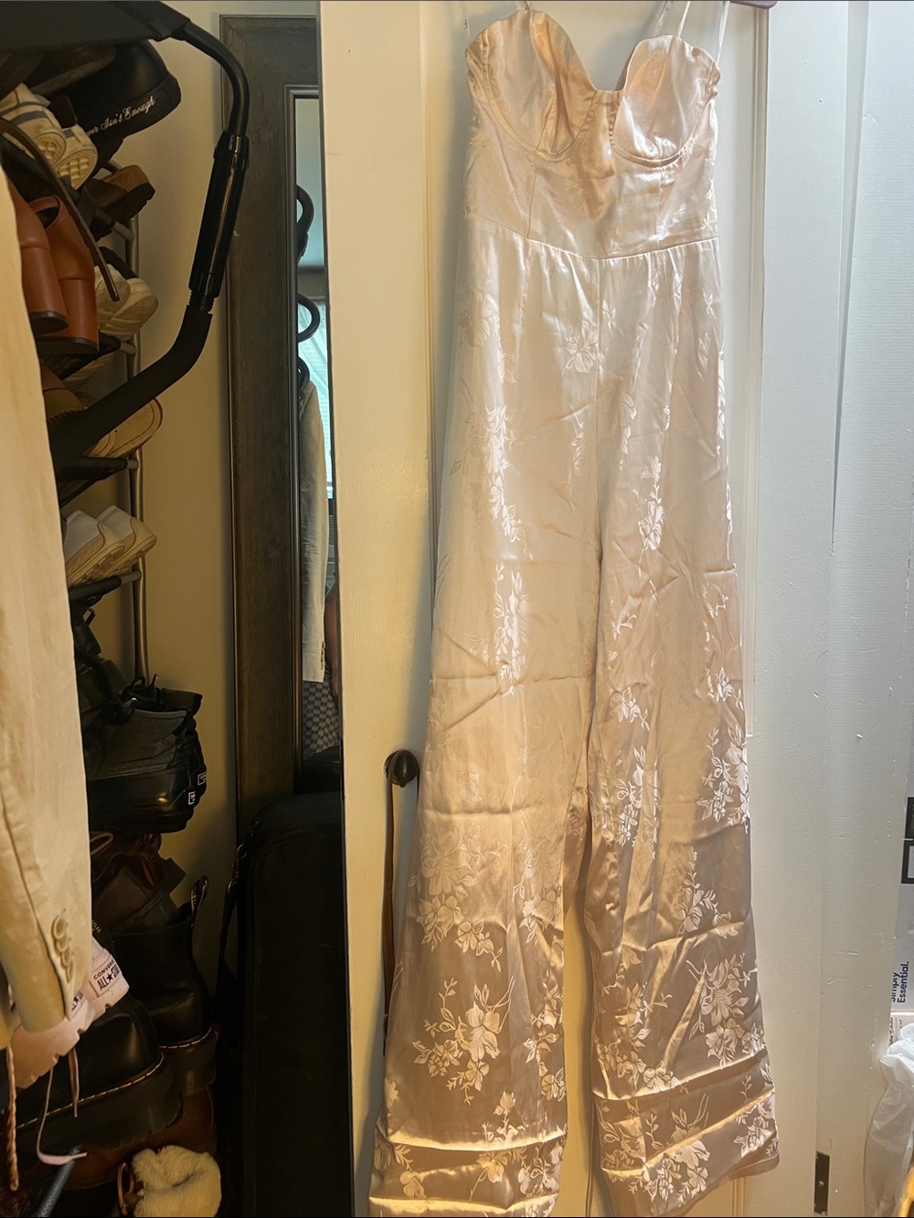 Lulu's Strapless Satin Wide-Leg Jumpsuit in Light Blush
